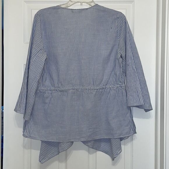 Zara Light Blue & White Striped Asymmetrical Hem Bell Sleeve Top with drawstring - Picture 7 of 7